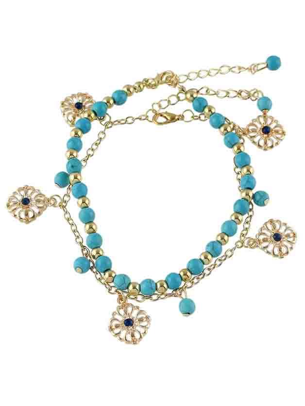 Shein Bohemian Style Gold Color Blue Beads Chain Anklet Set