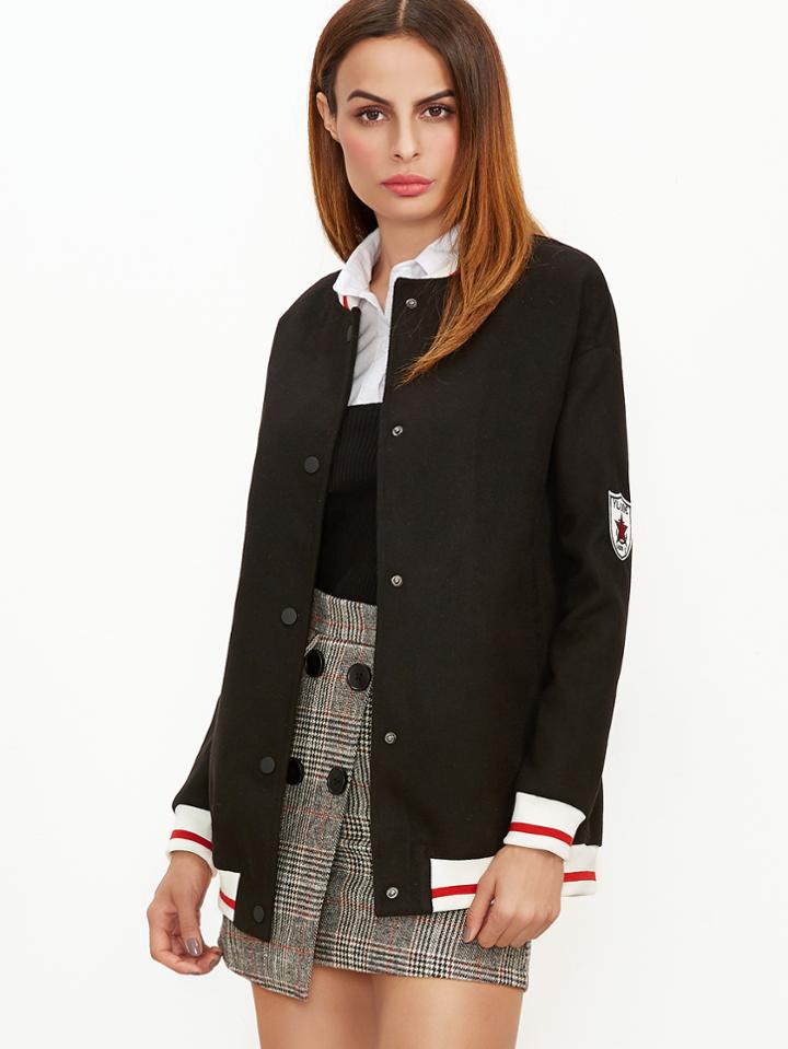 Shein Black Striped Trim And Sleeve Button Up Baseball Jacket