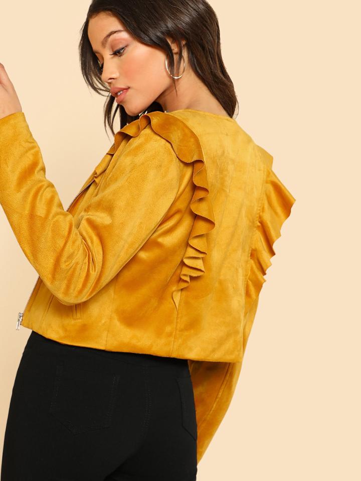 Shein Ruffle Detail Zip Up Suede Jacket