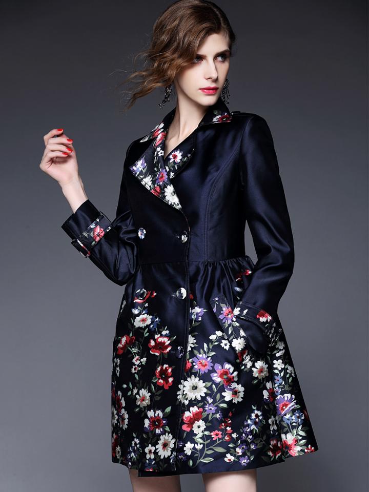 Shein Navy Lapel Long Sleeve Pockets Print Coat