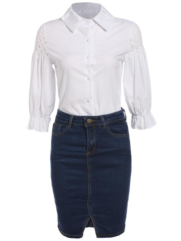 Shein White Lapel Hollow Blouse With Denim Skirt