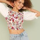 Shein Flounce Sleeve Shirred Floral Top