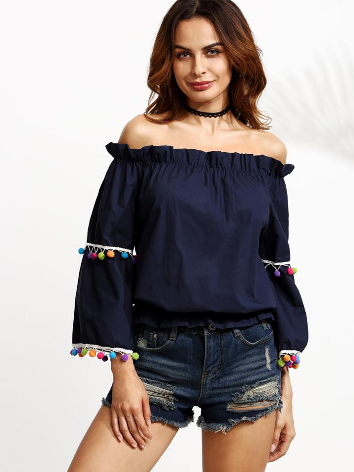 Shein Navy Off The Shoulder Pom Pom Trim Shirred Top
