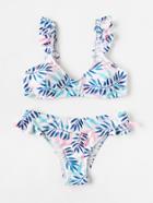 Shein Allover Plant Print Frill Trim Bikini Set