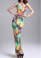 Rosewe Sleeveless Multicolor Print Scoop Neck Maxi Dress