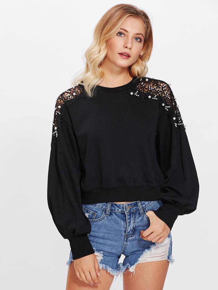Shein Pearl Beading Lace Shoulder Sweatshirt