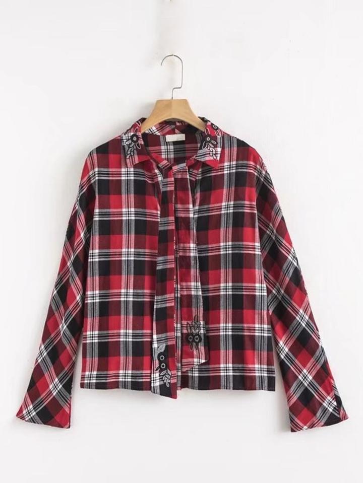 Shein Tie Neck Embroidered Detail Check Blouse