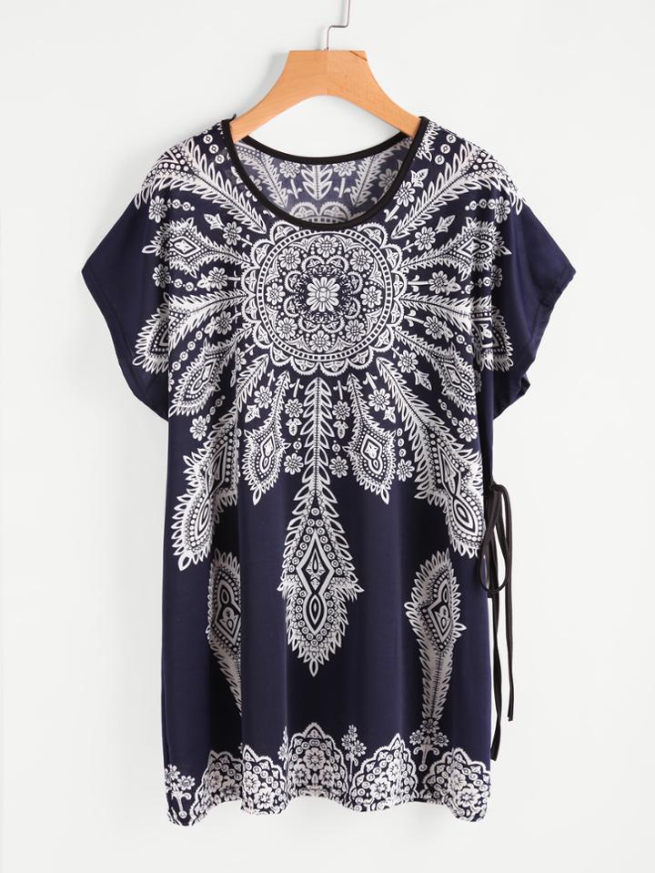Shein Vintage Print Dolman Sleeve Tie Detail Tee Dress