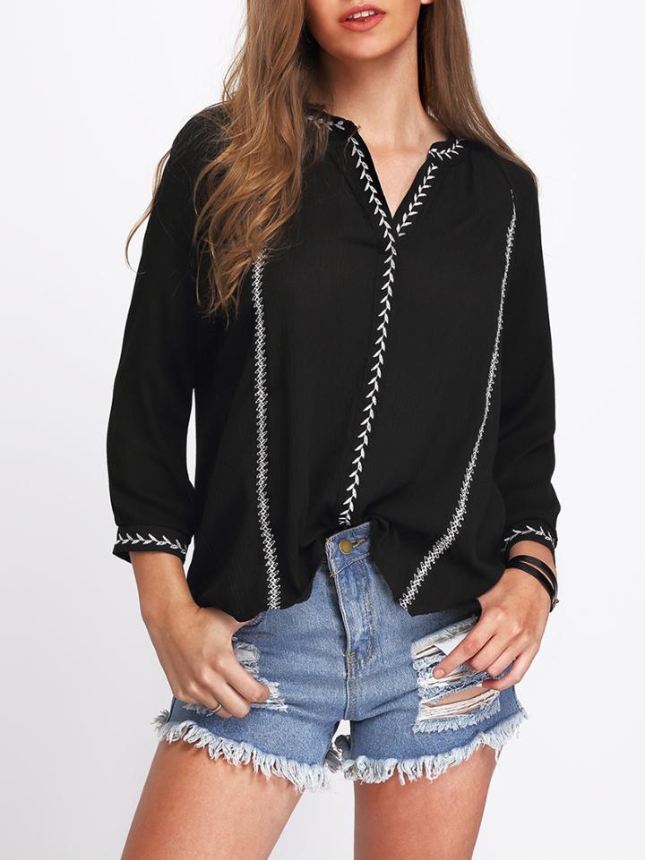 Shein Black V Neck Tribal Embroidered Loose Blouse