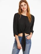 Shein Black Drop Shoulder 3/4 Roll Cuff Sleeve Knot Front Top