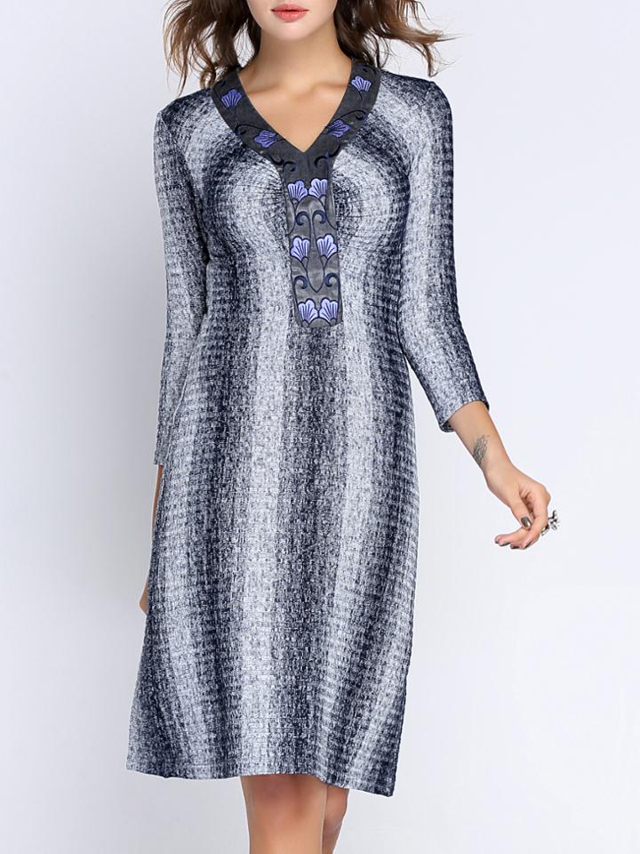 Shein Grey Color Block V Neck Embroidered Shift Dress