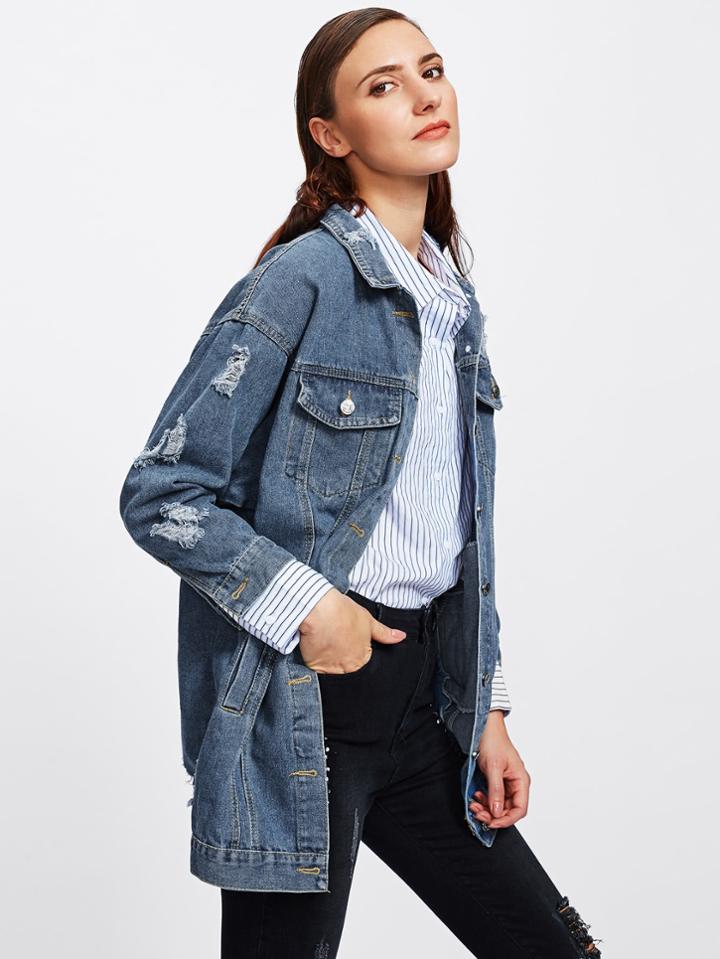 Shein Drop Shoulder Ripped Denim Jacket