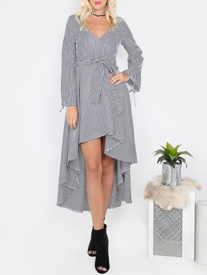 Shein Pinstripe Hi-lo Long Sleeve Dress Navy
