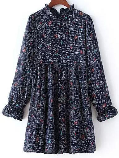 Shein Navy Frill Neck Hearts Cartoon Print Dress