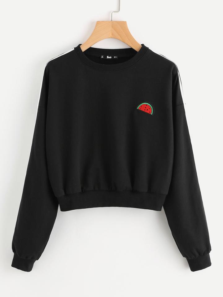 Shein Embroidered Watermelon Patch Striped Sleeve Sweatshirt