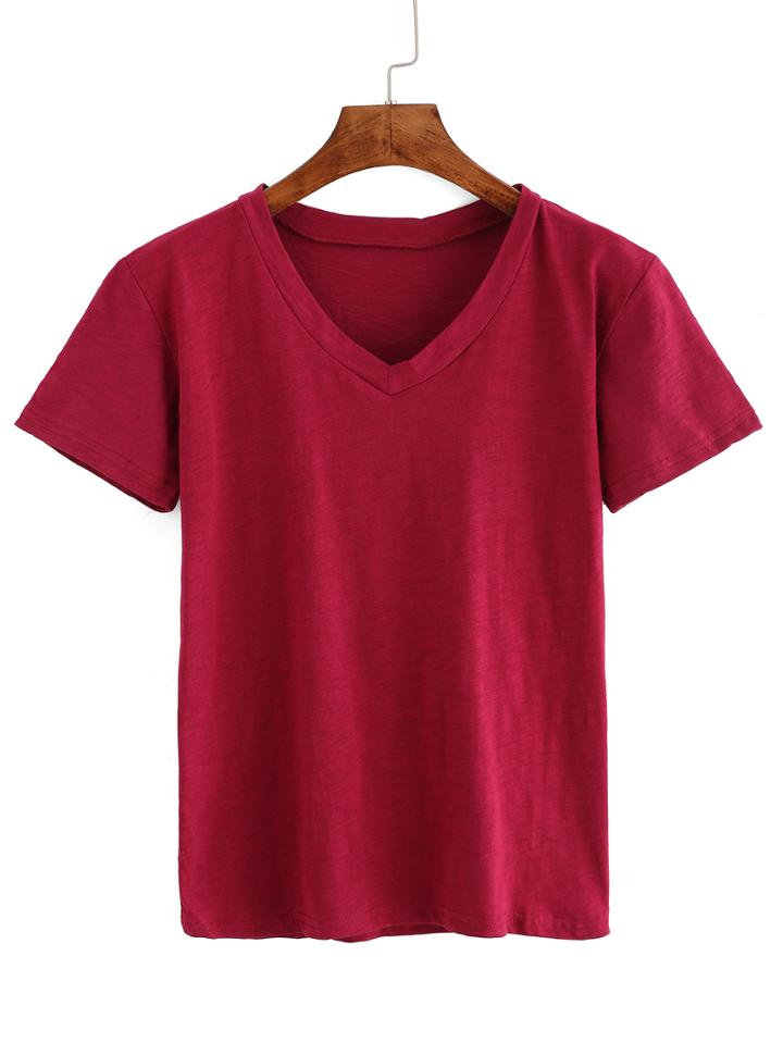 Shein Fuschia V Neck T-shirt