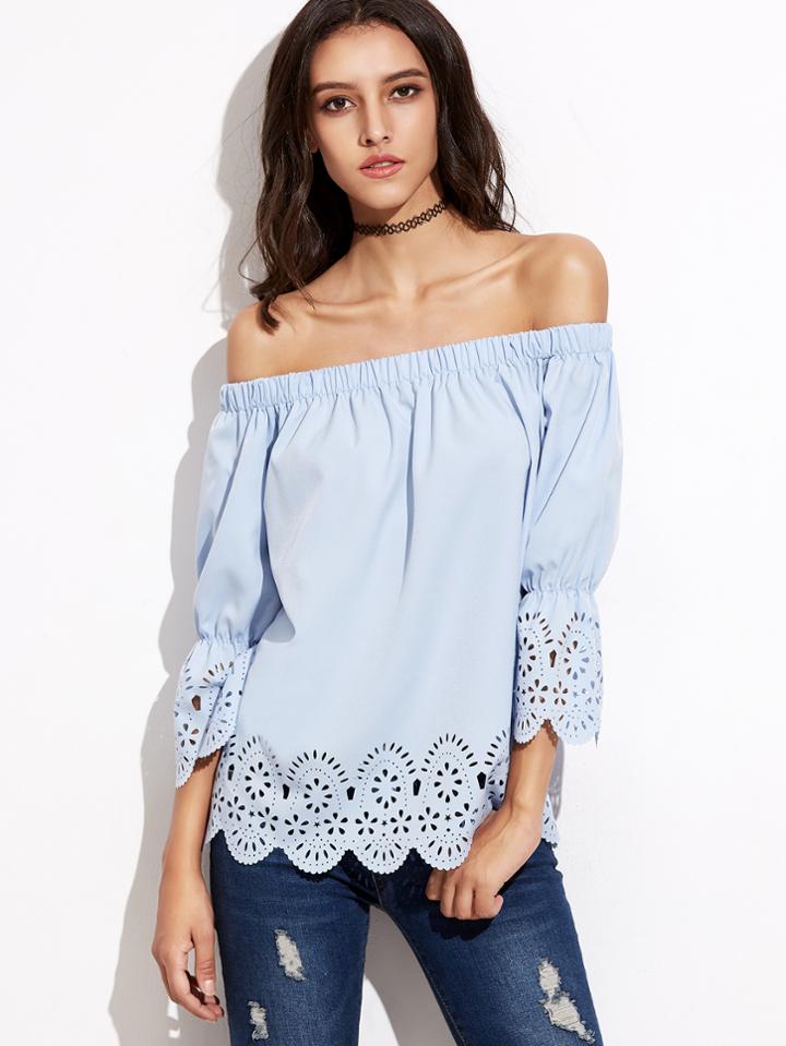 Shein Laser Cut Scalloped Trim Bardot Blouse