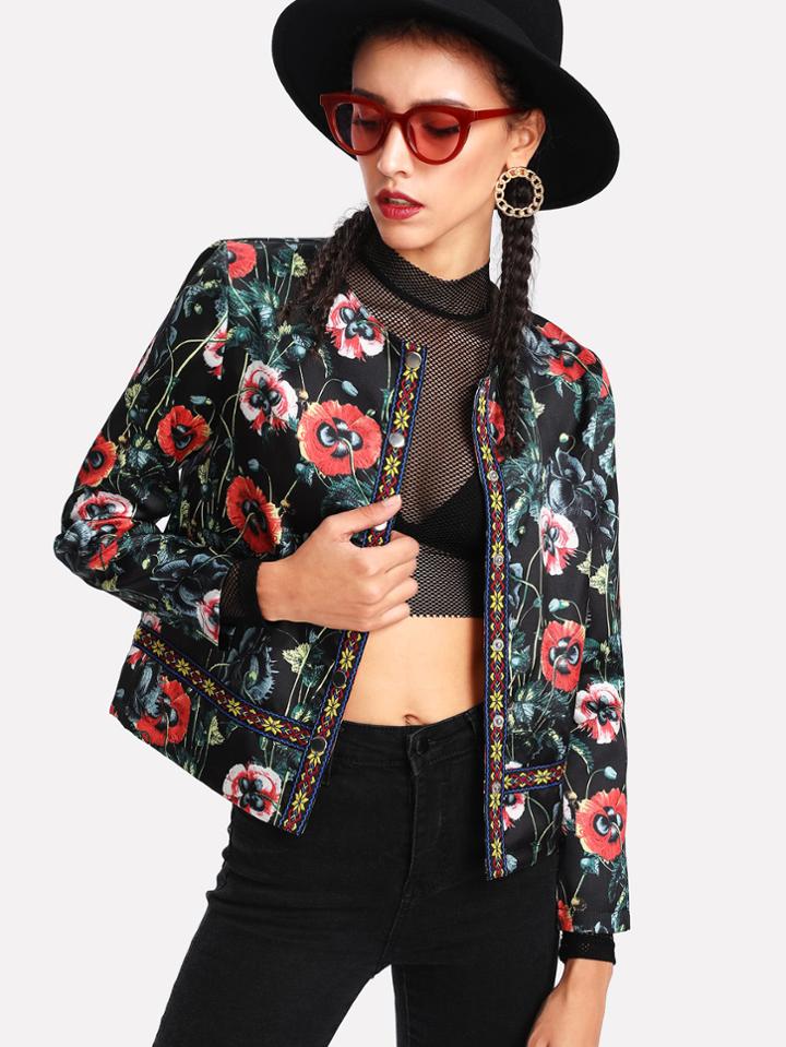 Shein Jacquard Tape Detail Botanical Jacket