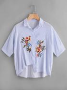 Shein Embroidered Pinstripe Dip Hem Shirt