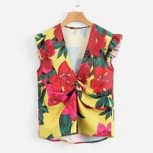Shein Frill Trim Twist Front Florals Blouse