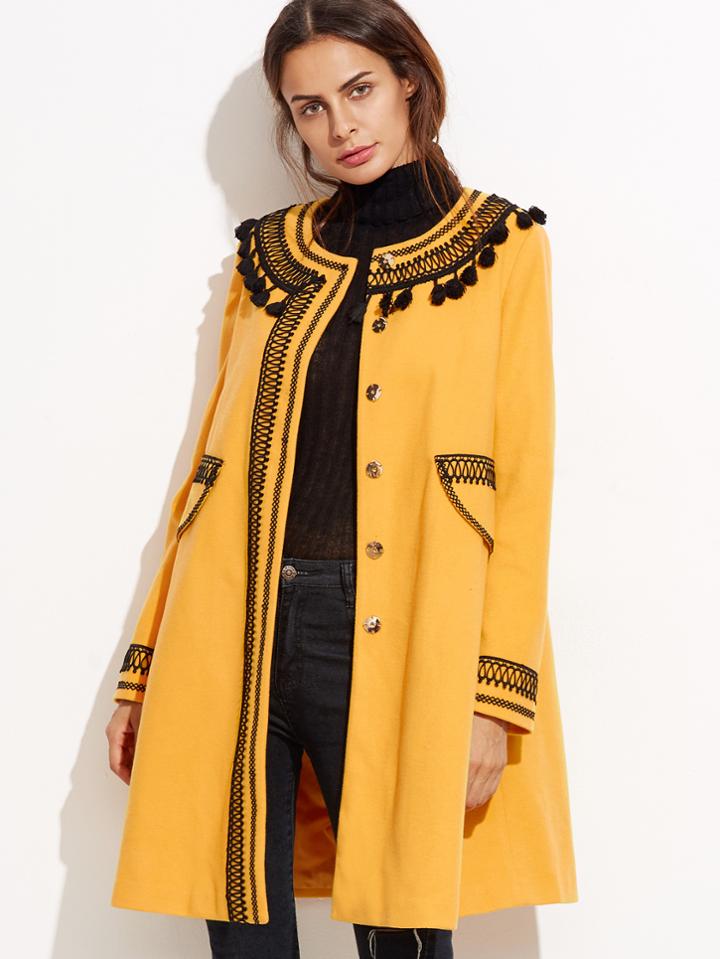 Shein Yellow Contrast Embroidered Lace Trim Collarless Coat