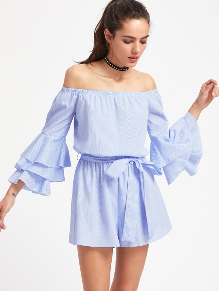 Shein Self Tie Layered Bell Sleeve Striped Blouson Romper