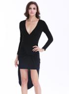 Shein Black V Neck Long Sleeve Asymmetrical Bodycon Dress