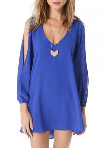 Rosewe New Arrival Long Sleeve V Neck Blue Dress