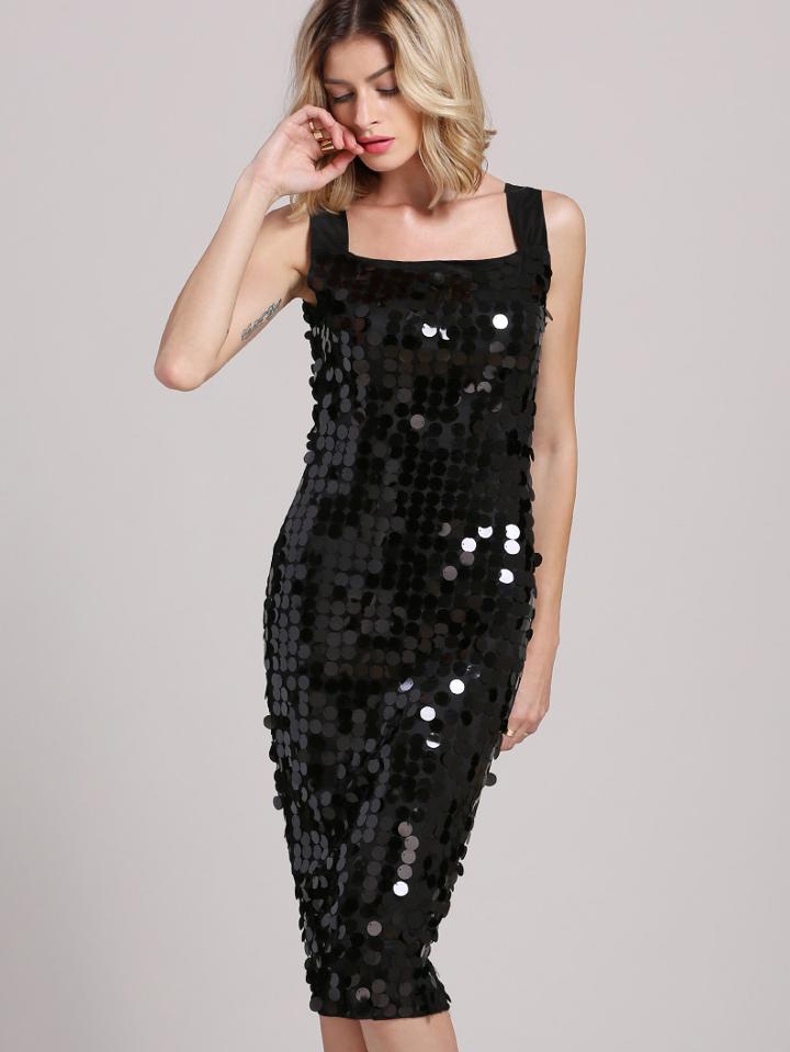 Shein Black Spaghetti Strap Sequined Sheath Dress