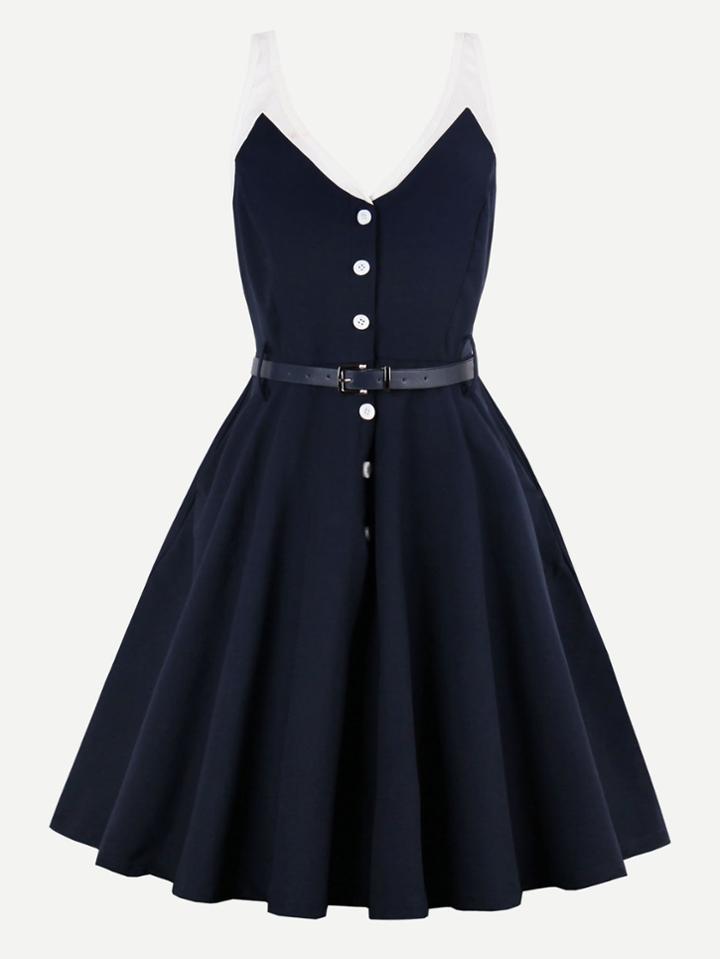 Shein Contrast Panel Button Front Swing Dress With Belt