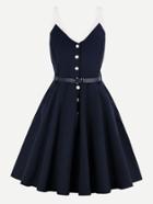Shein Contrast Panel Button Front Swing Dress With Belt