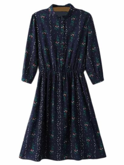 Shein Navy Buttons Elastic Waist Floral Dress