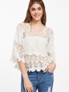 Shein White V Neck Flower Embroidered Lace Blouse