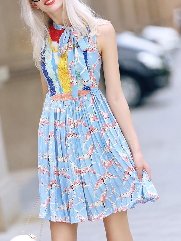 Shein Blue Tie Neck Crochet Birds Print Pleated Dress