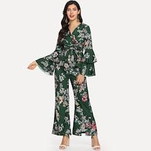 Shein Flower Print Flounce Sleeve Top & Split Front Pants