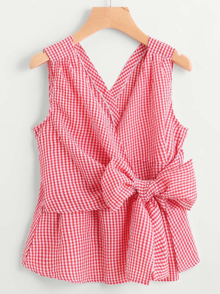 Shein V-neckline Bow Tie Waist Gingham Dip Hem Top
