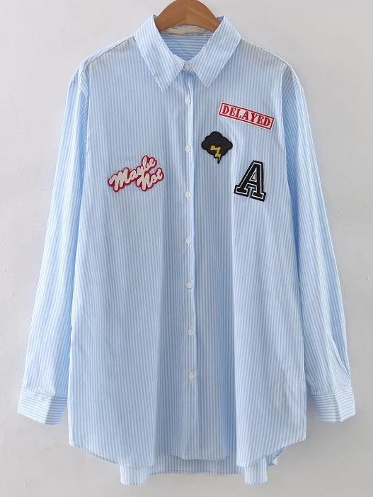 Shein Blue Vertical Striped Patch Detail Dip Hem Blouse
