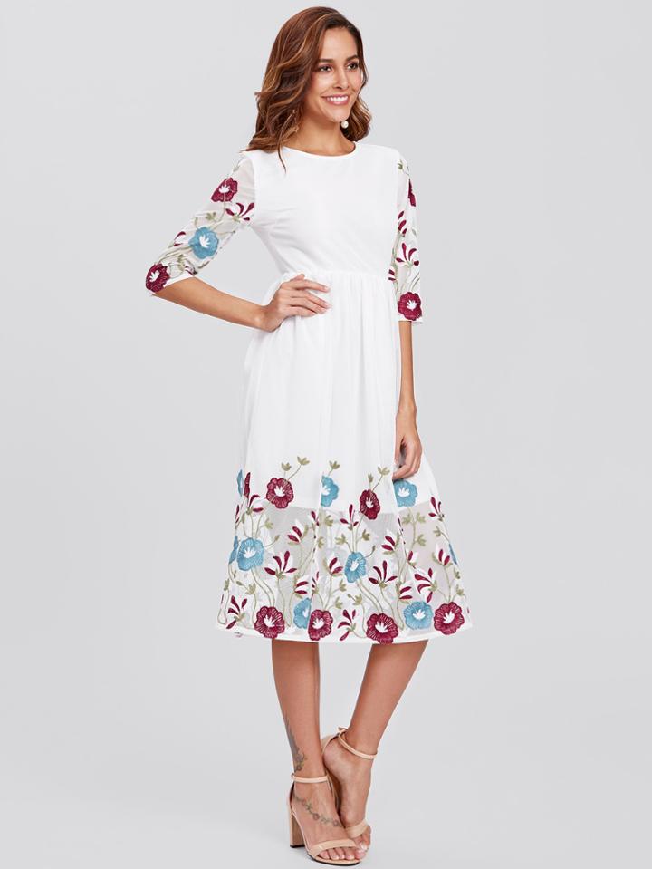 Shein Botanical Embroidered High Waist Dress