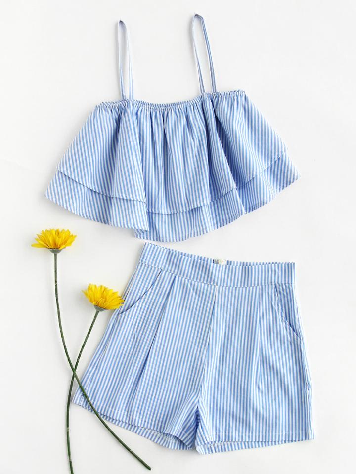 Shein Stripe Tiered Crop Cami Top And Shorts Set