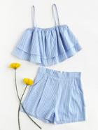 Shein Stripe Tiered Crop Cami Top And Shorts Set