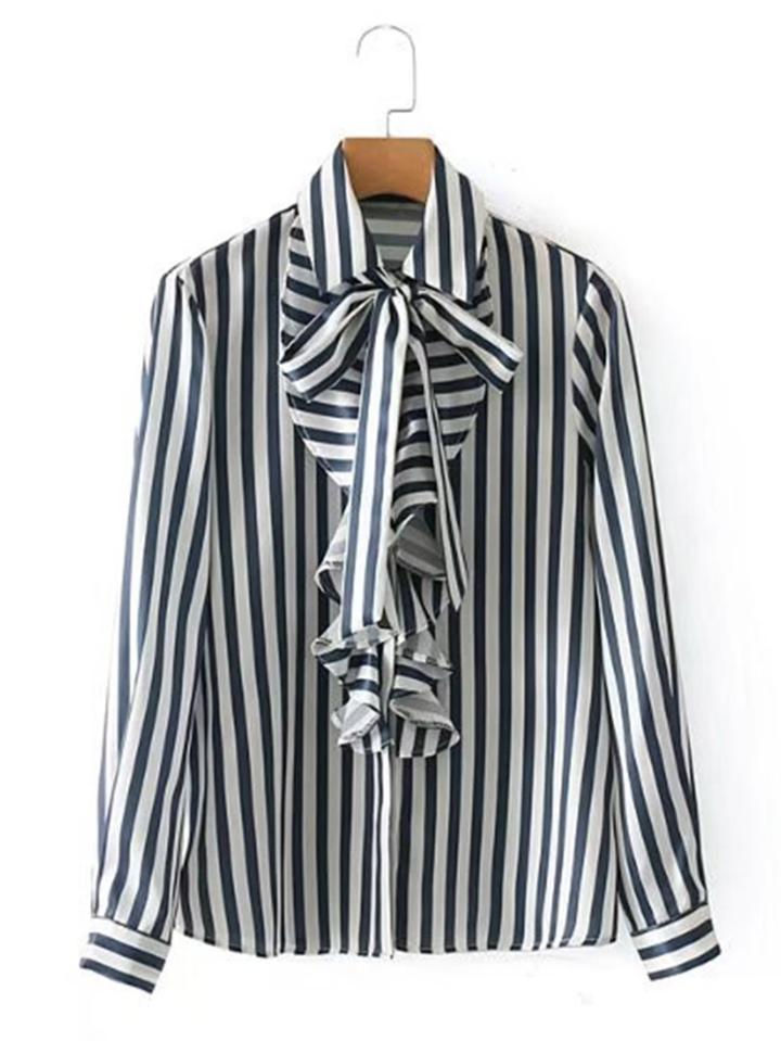 Shein Tie Neck Striped Jabot Blouse