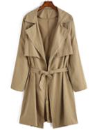 Shein Khaki Lapel Tie-waist Casual Trench Coat