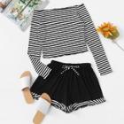 Shein Off Shoulder Striped Ribbed Top With Shorts