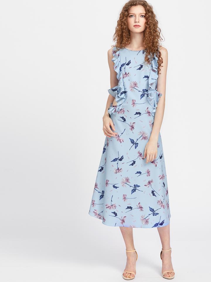 Shein Cutout Waist Floral Ruffle Trim Dress