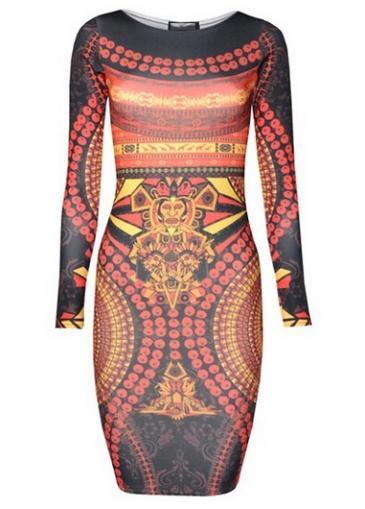 Rosewe Retro Long Sleeve Print Design Woman Bodycon Dress