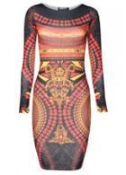 Rosewe Retro Long Sleeve Print Design Woman Bodycon Dress