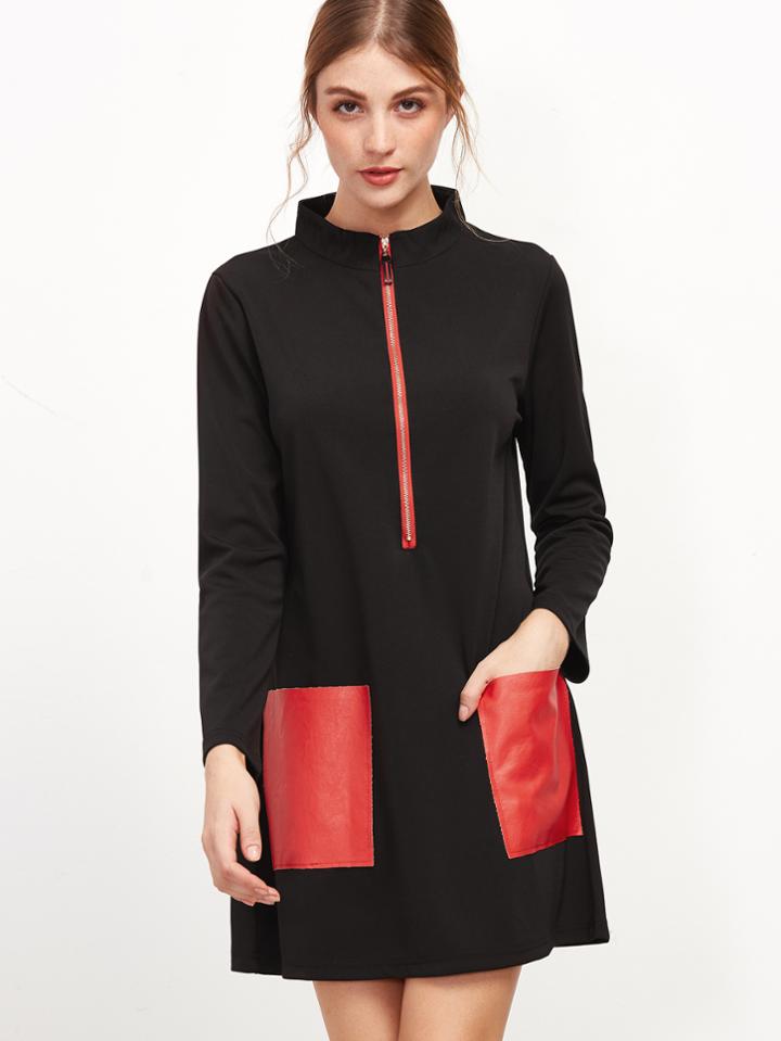 Shein Contrast Pockets Zipper Dress