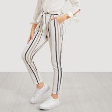 Shein Girls Self Belted Varsity Striped Leggings