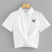 Shein Dog Embroidered Patch Twist Front Top