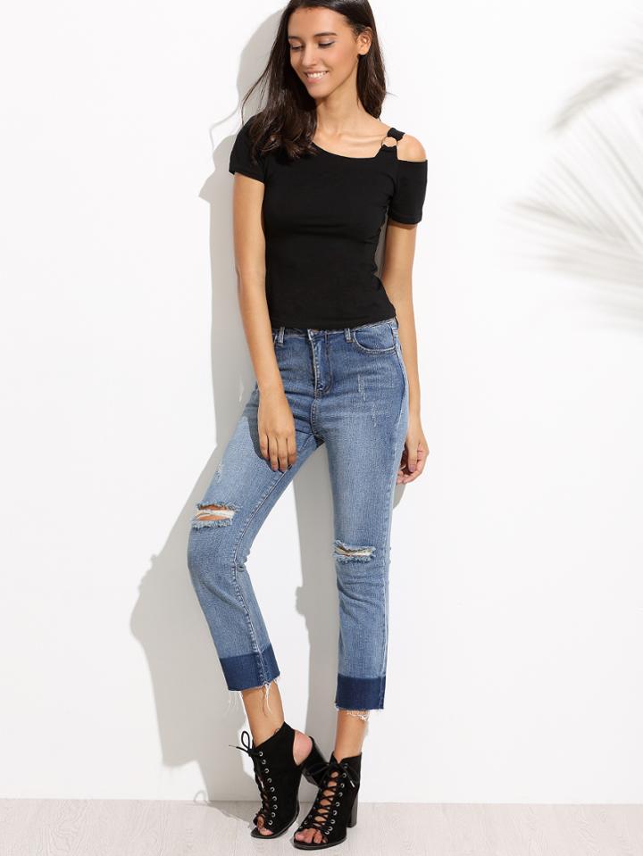 Shein Blue Ripped Frayed Denim Pants